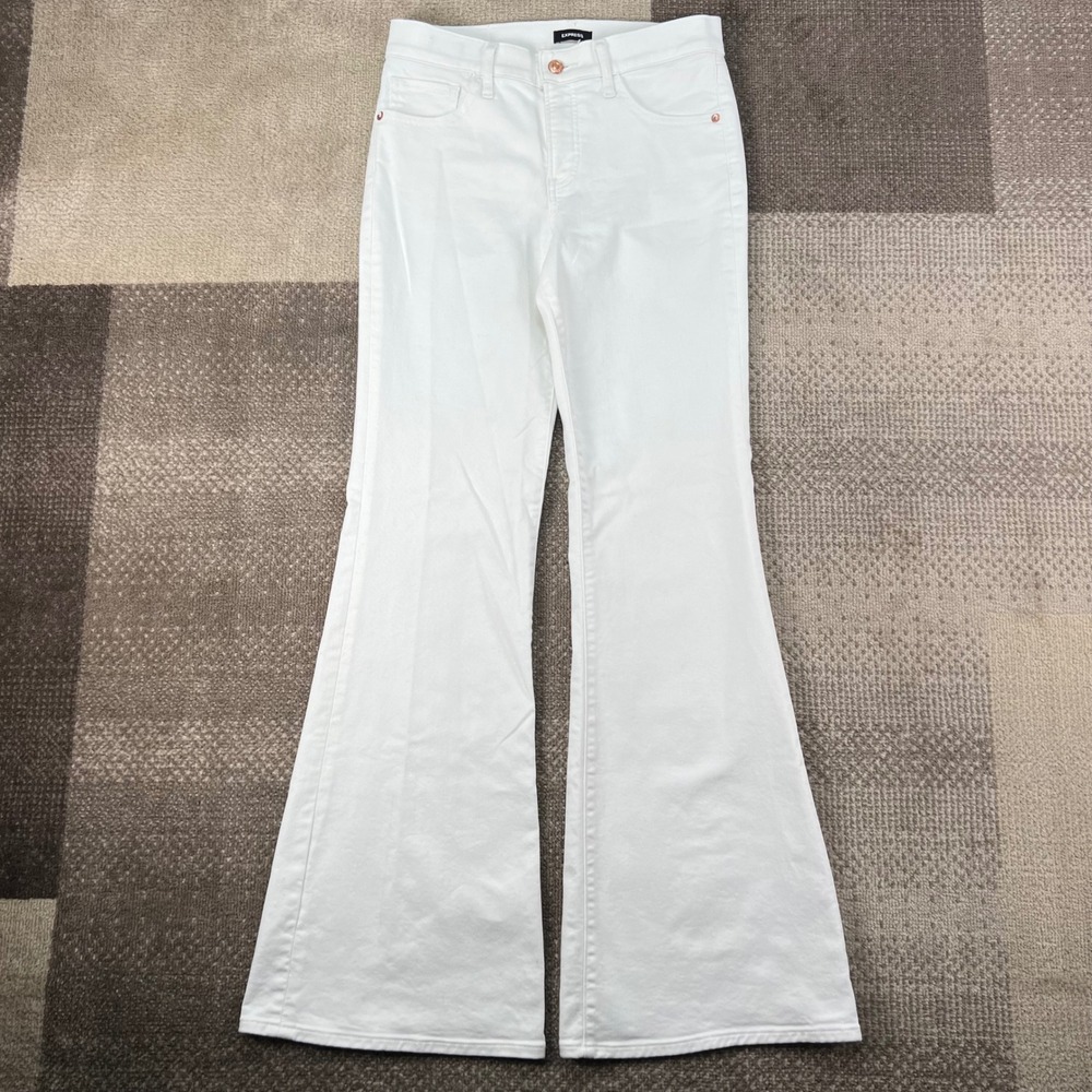 Express 70s Flare Mid Rise White Jeans Womens 4R Conscious Edit Stretch Denim